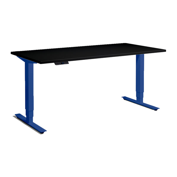 Angled front view of Atlas Royal Blue Edition Standing Desk with black top.