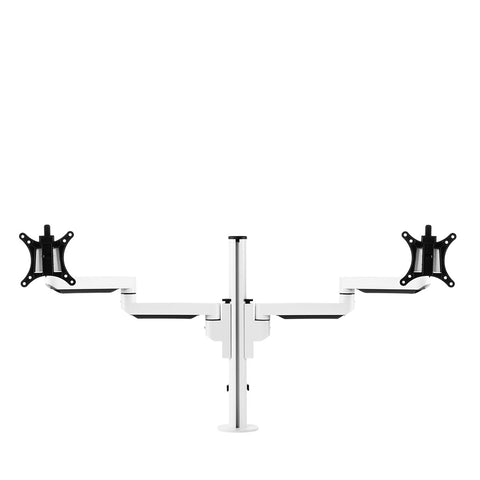 Dual screen monitor arm mount in white.