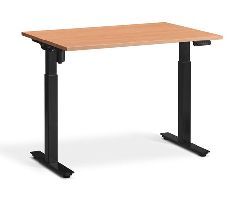 adjustable single-motor standing desk with brown top and black legs