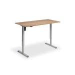 A simple, rectangular wooden desk with a metal frame, standing alone against a white background.