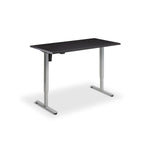 A simple, rectangular desk with a black top surface and two metal legs.