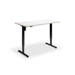A simple, rectangular desk with a white top and black metal legs.