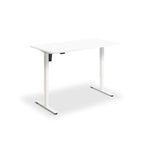 A simple, white adjustable desk with a flat surface and two metal legs.