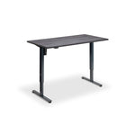A simple, rectangular wooden desk with a dark finish.