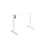 A white adjustable standing desk or adjustable workstation, with two vertical metal legs and a horizontal bar or support.