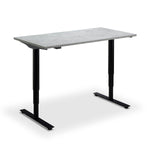a modern, minimalist standing desk with a sleek, rectangular top and a simple, black metal frame.