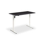 A simple, rectangular desk with a black top and white legs.