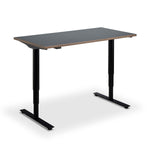 a simple, rectangular desk with a black metal frame and a black top surface.