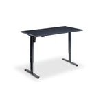 A simple, rectangular black desk with a flat top surface and two metal legs.