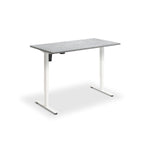 A simple, rectangular desk with a gray top surface and white legs.
