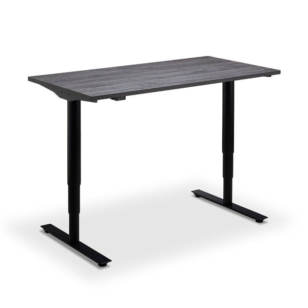 a modern, minimalist standing desk with a sleek, black metal frame and a dark-colored wooden top.