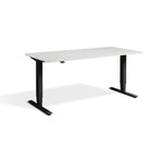 A simple, rectangular desk with a white top and black legs.