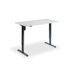 A simple, rectangular desk with a white top and black legs.