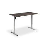 a simple, rectangular desk with a dark finish, supported by two metal legs.