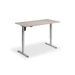 A simple, rectangular desk with a flat top and two metal legs.