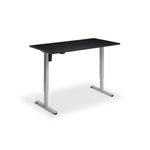 A simple, rectangular black desk with a minimalist design.