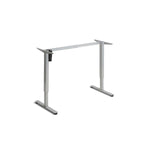 A simple, gray adjustable desk or table stand with two vertical legs and a horizontal bar at the top.
