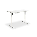 A simple, white desk with a rectangular top and two metal legs.