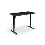 A simple, rectangular black desk with a flat top surface and two black metal legs.