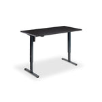 A simple, rectangular black desk with a flat top surface and two metal legs.