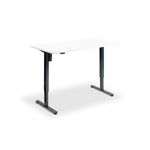 A simple, rectangular white desk with black metal legs.