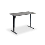 A simple, rectangular desk with a gray top surface and black metal legs.