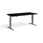 A sleek, modern black desk with a minimalist design and silver legs.
