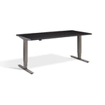 A modern, sleek black desk with a minimalist design and metal legs.