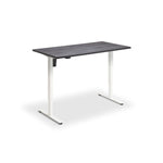 A simple, rectangular standing desk with a dark wood top and white metal legs.