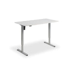 A simple, rectangular white desk with a minimalist design.