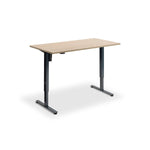 A simple, rectangular wooden desk with a black metal frame.