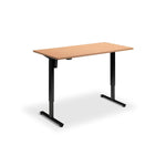 A simple, rectangular wooden desk with black metal legs.