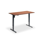 A simple, rectangular wooden desk with a metal frame.