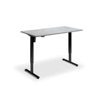 A simple, rectangular desk with a gray top surface and black metal legs.