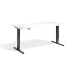 A simple, minimalist desk with a white top and black metal legs.