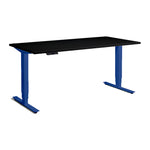 Angled front view of Atlas Royal Blue Edition Standing Desk with black top.