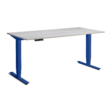 Angled front view of the Atlas Royal Blue Edition Standing Desk with pine top.