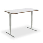 a simple, rectangular desk with a white frame and legs.