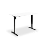 A simple, rectangular white desk with black metal legs.