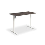 a simple, rectangular desk with a dark-colored top surface and a white metal frame.