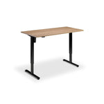 A simple, rectangular wooden desk with black metal legs.
