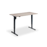 A simple, rectangular desk with a flat top and two black metal legs.