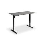 A simple, rectangular desk with a gray top surface and black metal legs.