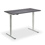 a modern, minimalist desk with a dark wood top and white legs.