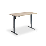 A simple, rectangular wooden desk with a black metal frame.