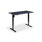 A simple, rectangular black desk with a flat top surface and two black metal legs.