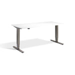 A simple, minimalist white desk with a rectangular top and two metal legs.