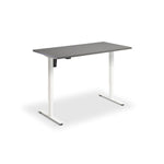 a simple, rectangular desk with a gray top surface and white legs.