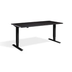 A black adjustable standing desk with a sleek, modern design.