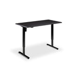 A simple, rectangular black desk with a flat top surface and two black metal legs.
